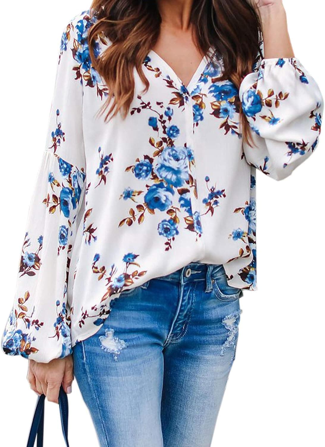 AlvaQ Womens Autumn Casual Floral Printed Loose Shirt Plus Size Balloon Long Sleeve V Neck Blouses Tops Shirts for Womens Fashion 2019 Blue 1X