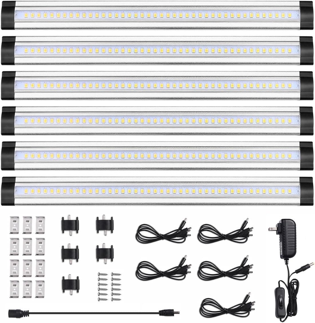LEDGLE 24W LED Under Cabinet Lighting Kit Plug in, Closet Light Strips with 36 LEDs, 1920lm, 12 Inches Kitchen Shelf Safe Lights Bar, for Stairs, Wardrobe, Kitchen, Hallway , Warm White 3000K, 6 pcs