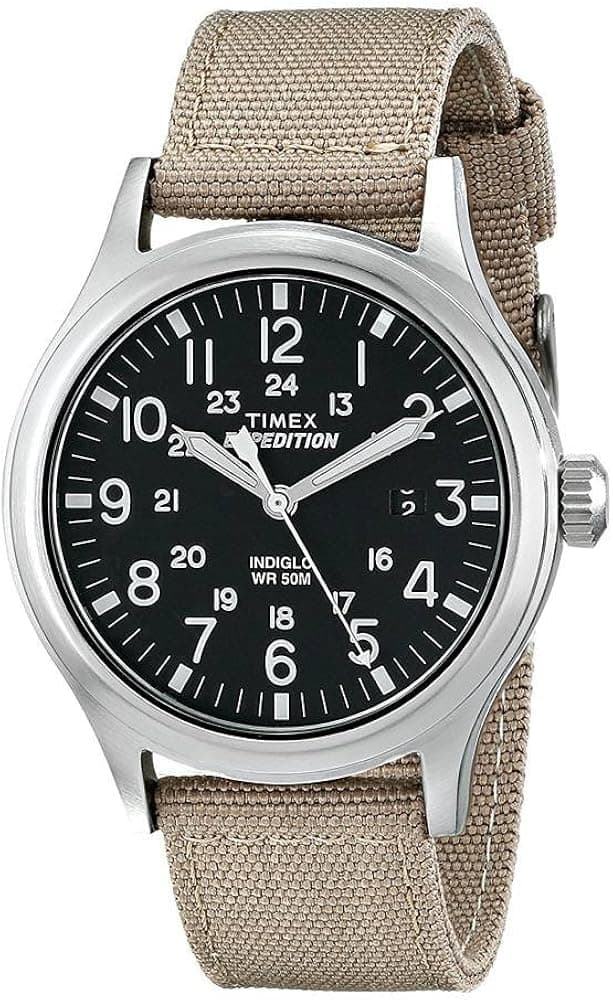 Timex T49962 Men's Expedition Scout Indiglo Night-Light Black Dial Tan Nylon Strap Watch
