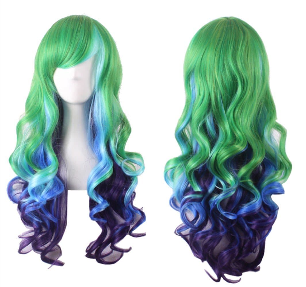 AneShe 28" Long Wavy Multi-Color Lolita Cosplay Wig Party Wig (Green/Dark Purple)