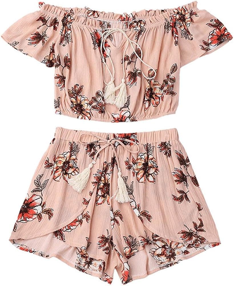 Women Rompers Chiffon Floral Print Crop Tops Shorts Two Piece Outfits Beach Jumpsuit for Teen Girls