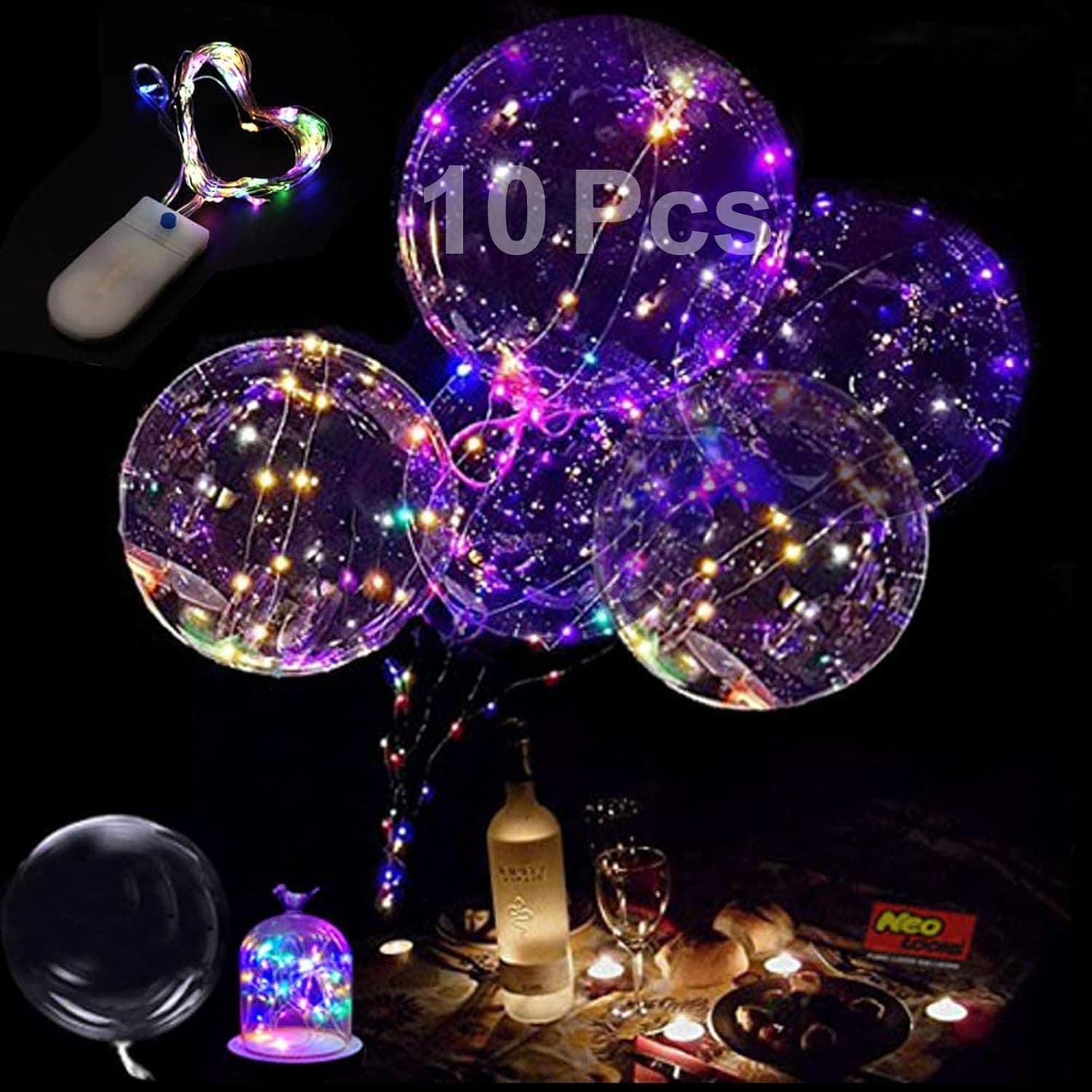 Neo LOONS Led Light Up BoBo Balloon, Bubble Helium Balloons, Colorful 20 Inch Flashing Luminous Balloon Lights with 3 Flash Models & Battery Operated for Christmas Wedding Birthday Party Decorations, 10 Pack