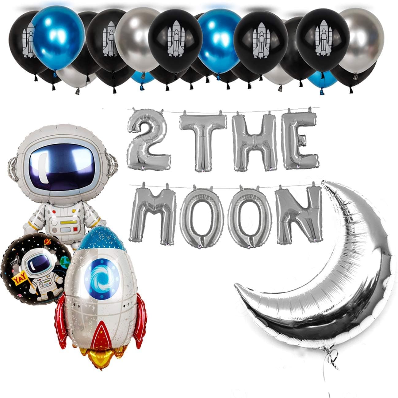 2 the moon Boy Space Party Birthday Balloons 36Pcs UFO Solar System Outer Space Galaxy Astronaut Blast Off Rocket Airship Spaceship Silver Moon Black Blue Space Man Robot Party Balloon Happy Birthday Banner Decoration