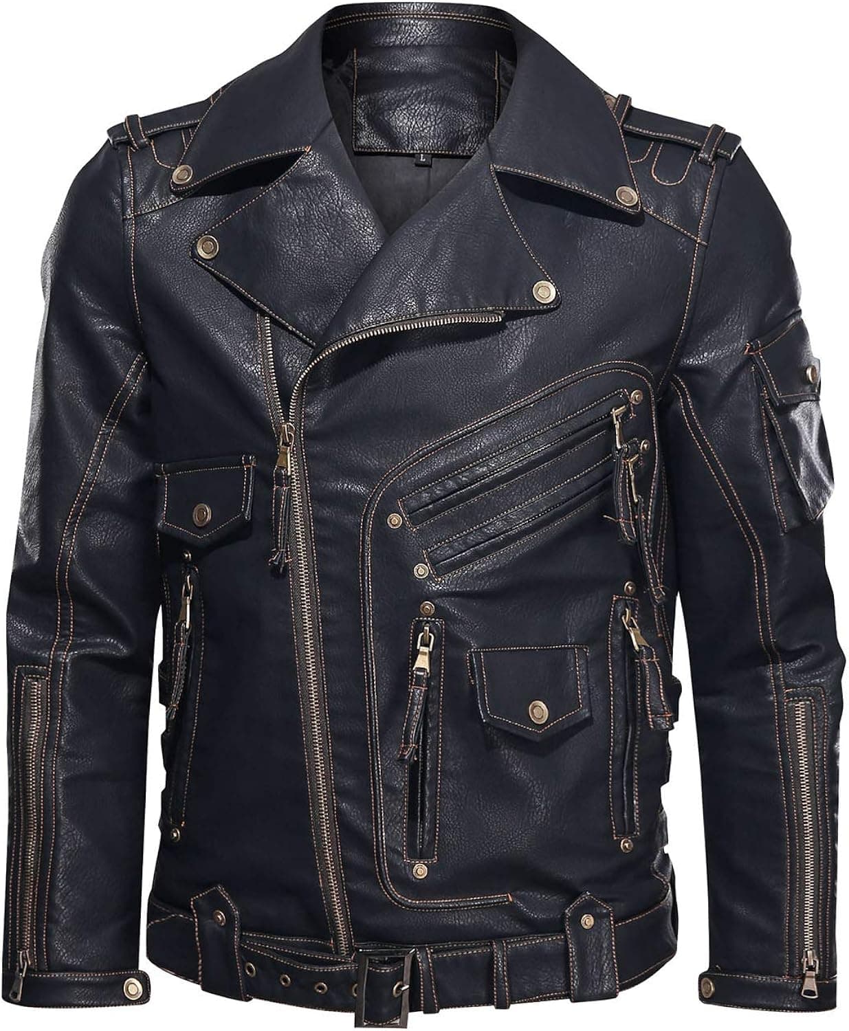 HOOD CREW Men’s Faux PU Leather Jacket Slim Fit Biker Jacket with Zipper Pockets for Motorcycle, Biking, Black