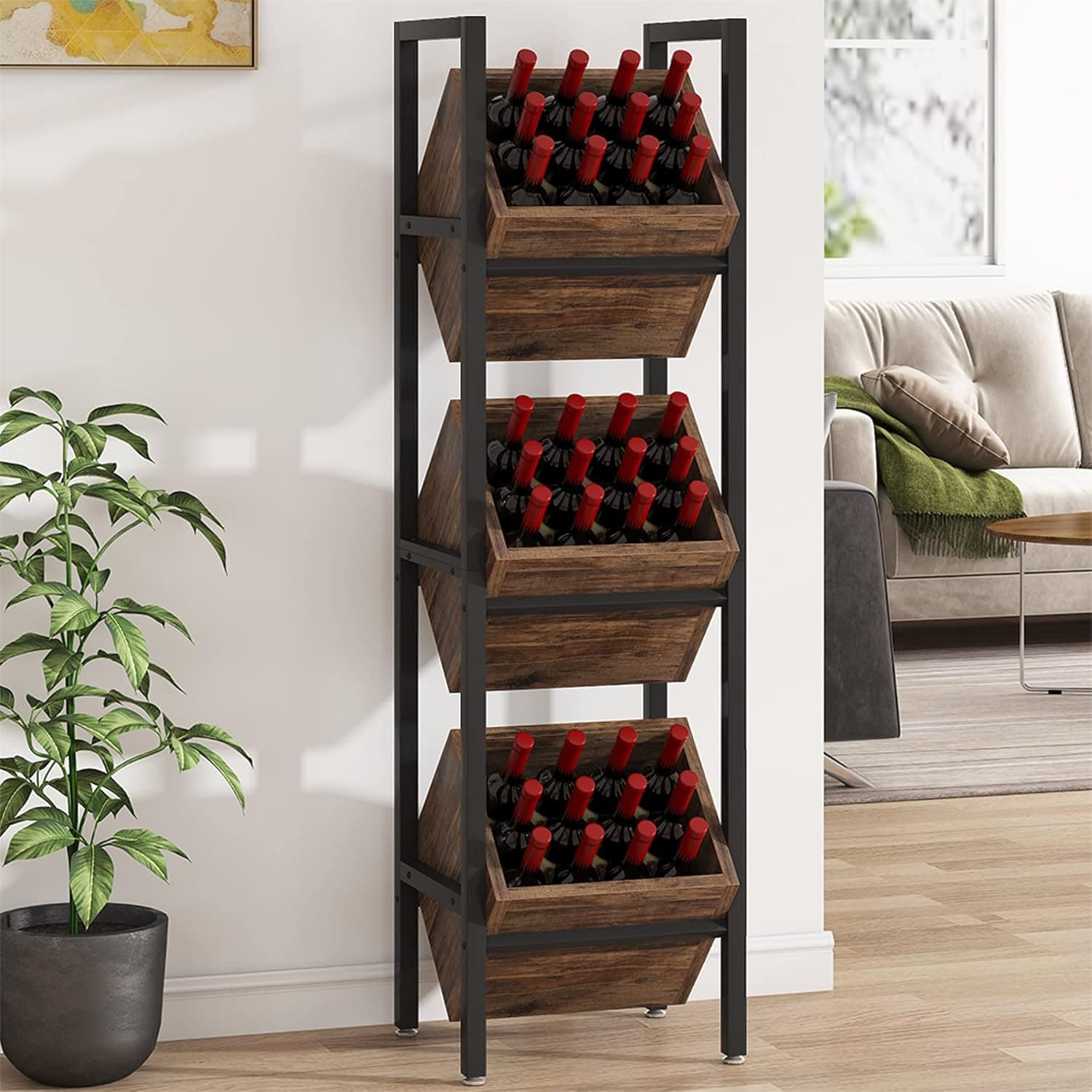 Tribesigns Wine Rack Freestanding Floor, 3 Tier Wooden Wine Storage Stand, Wobble-Free Wine Holder Display Shelf Liquor Bottle Organizer for Kitchen, Cellar