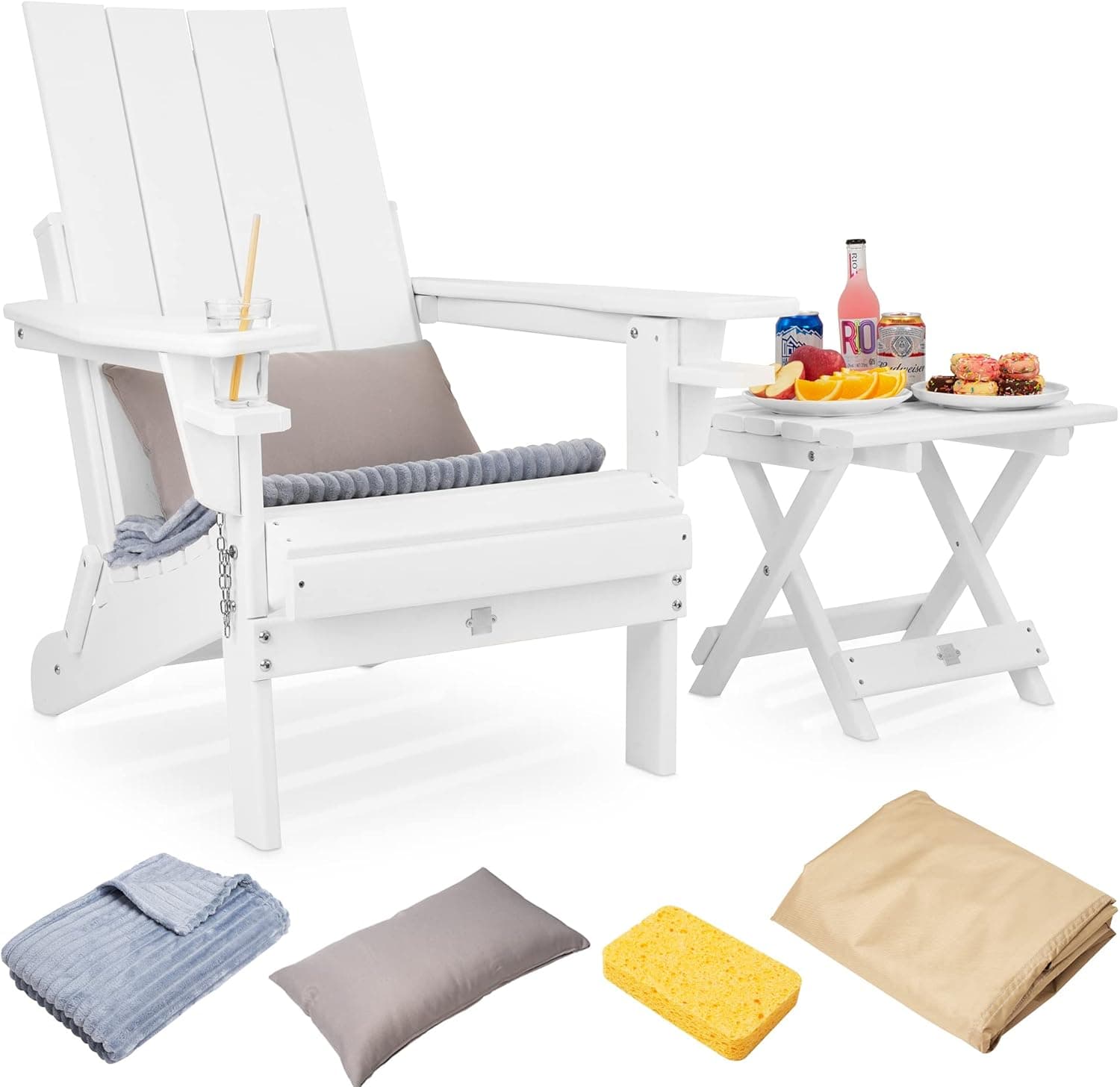 RELAXURE Adirondack Chair - Foldable Lounge Set with Large Seat and Pillow, Portable Table, Weatherproof Polywood, 2 Armrest Cupholders - Pool Side, Beach, Deck, Patio, Firepit Outdoor Furniture