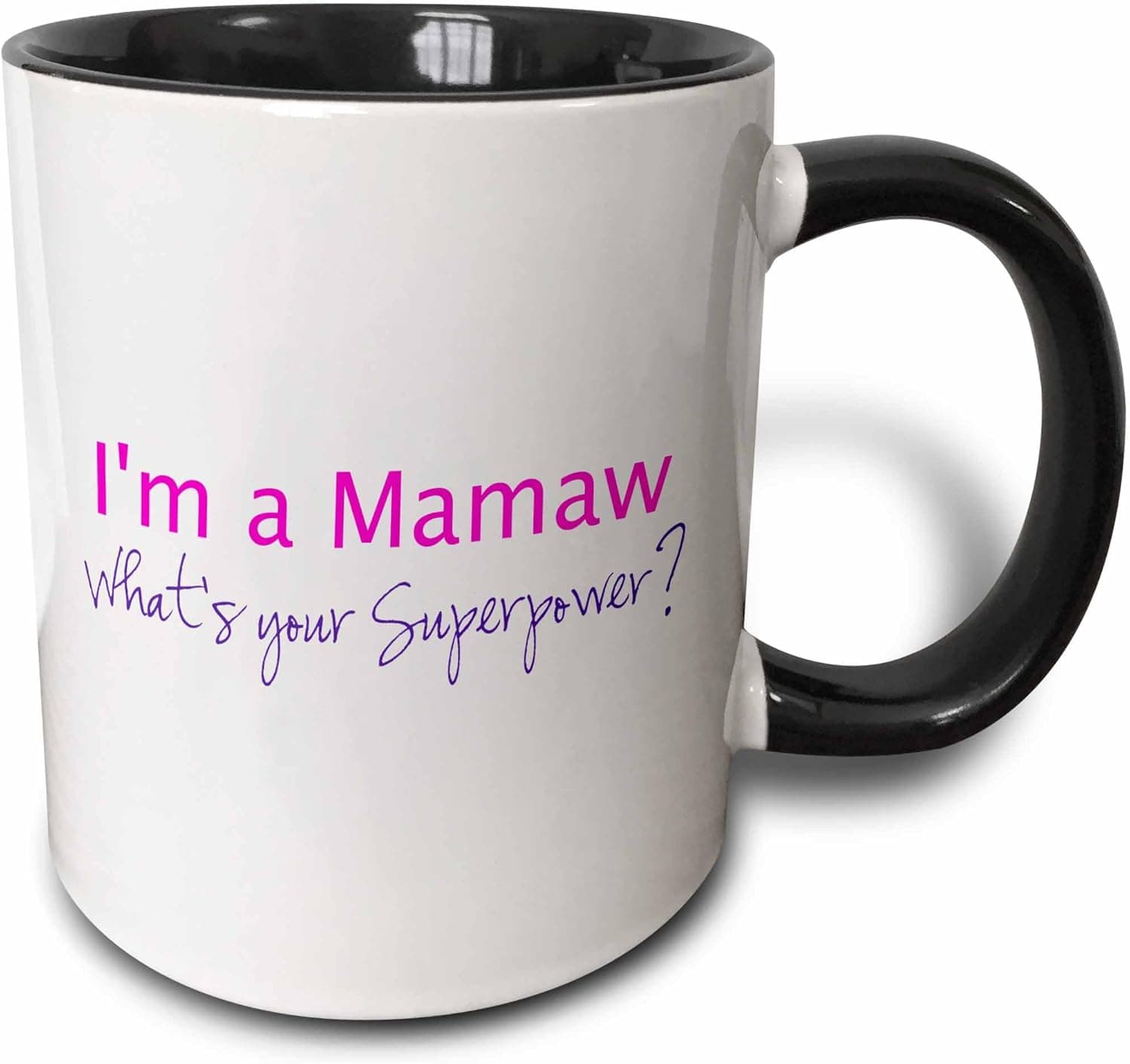 3dRose I'M A Mamaw What's Your Superpower-Hot Funny Gift for Grandma Mug, 11 oz, Black/Pink