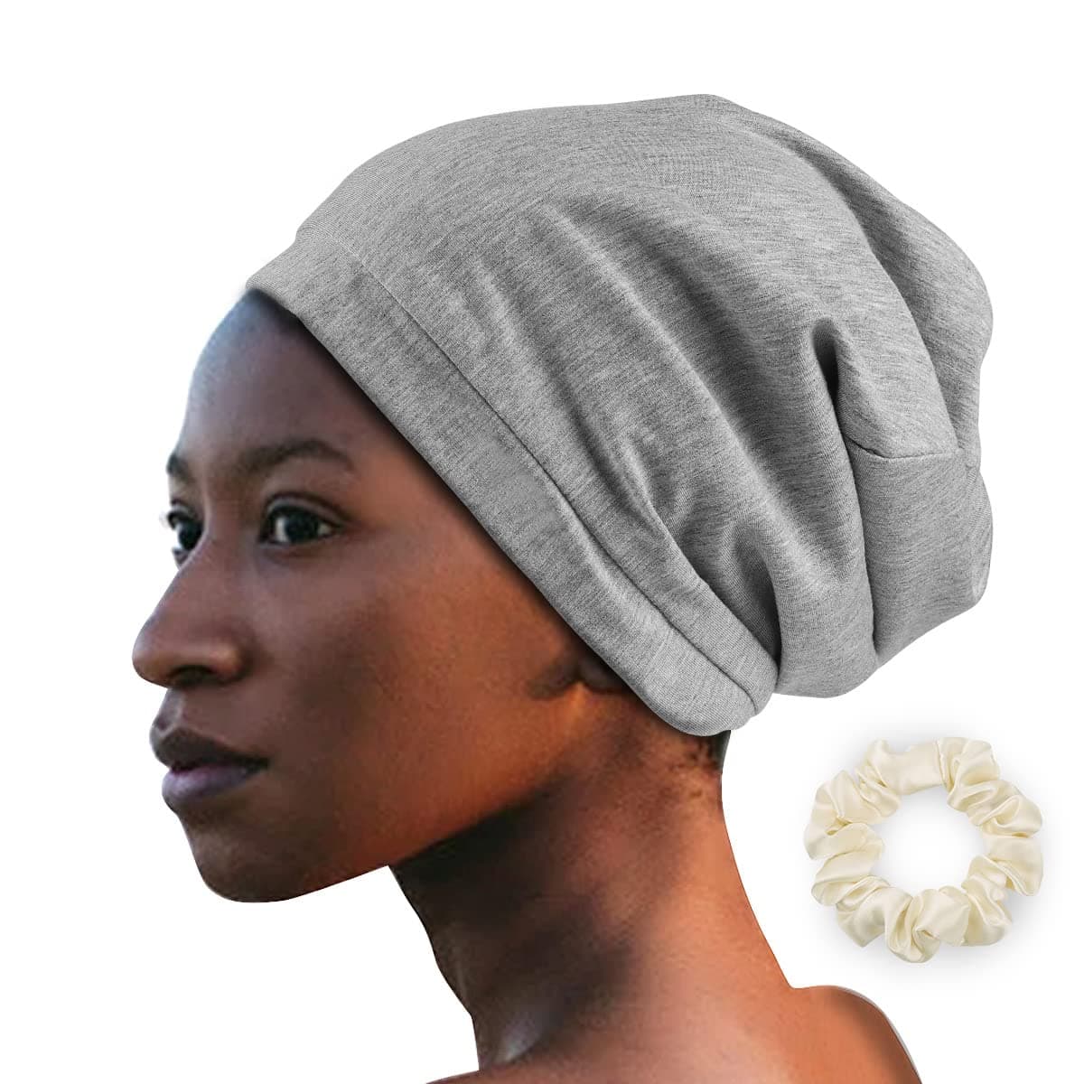 Alaska Bear Organic Silk Lined Sleep Cap Hair Bonnet Slouchy Beanie Hat for Curly Dry Hair, Satin Pillowcase & Sleeping Eye Mask Alternative, Adjustable, Unisex(Light Grey)