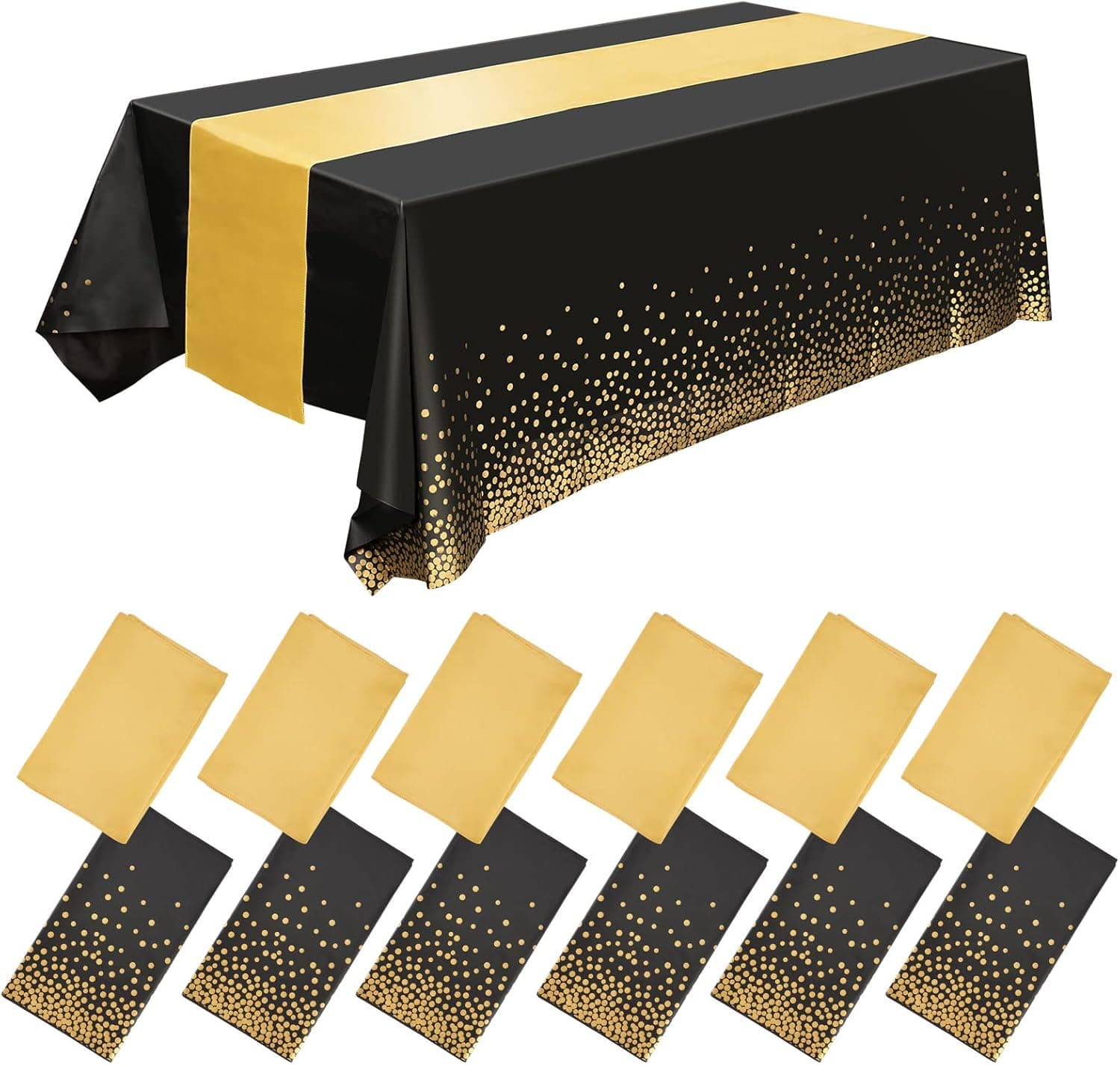 Topretty 12Pcs Satin Sequin Table Runner Set 54"x108" Disposable Plastic Tablecloth for Rectangle Tables with 11"x108" Smooth Satin Table Runner Waterproof Table Cover for Wedding Birthday Party Decor