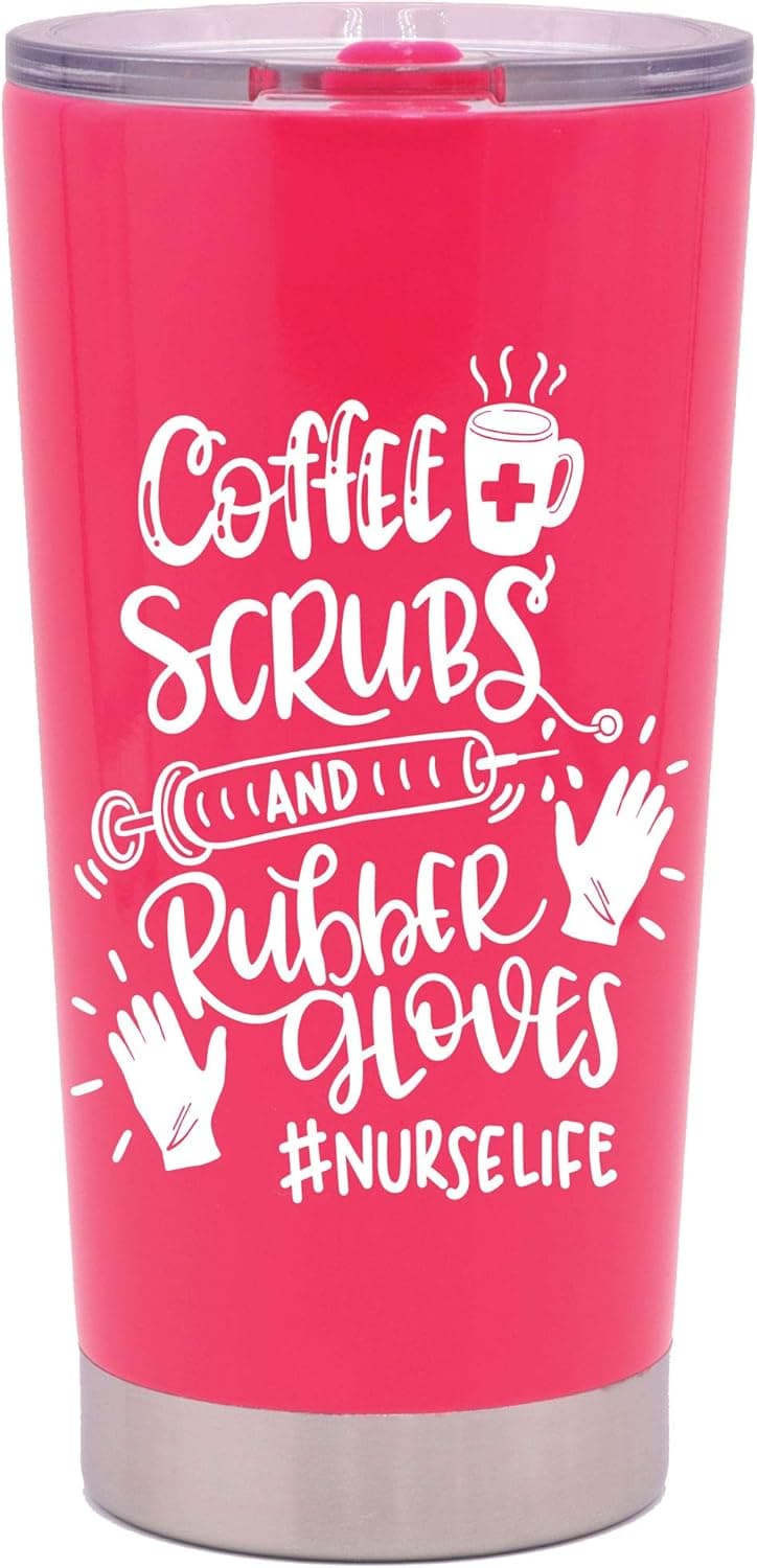 MugHeads Coffee Scrubs and Rubber Gloves Tumbler - L&D Nurse Gifts for Women - RN Gifts for Nurses Graduation - Nurse Accessories for Work - 20oz Vacuum Insulated Stainless Mug with Lid (Pink)