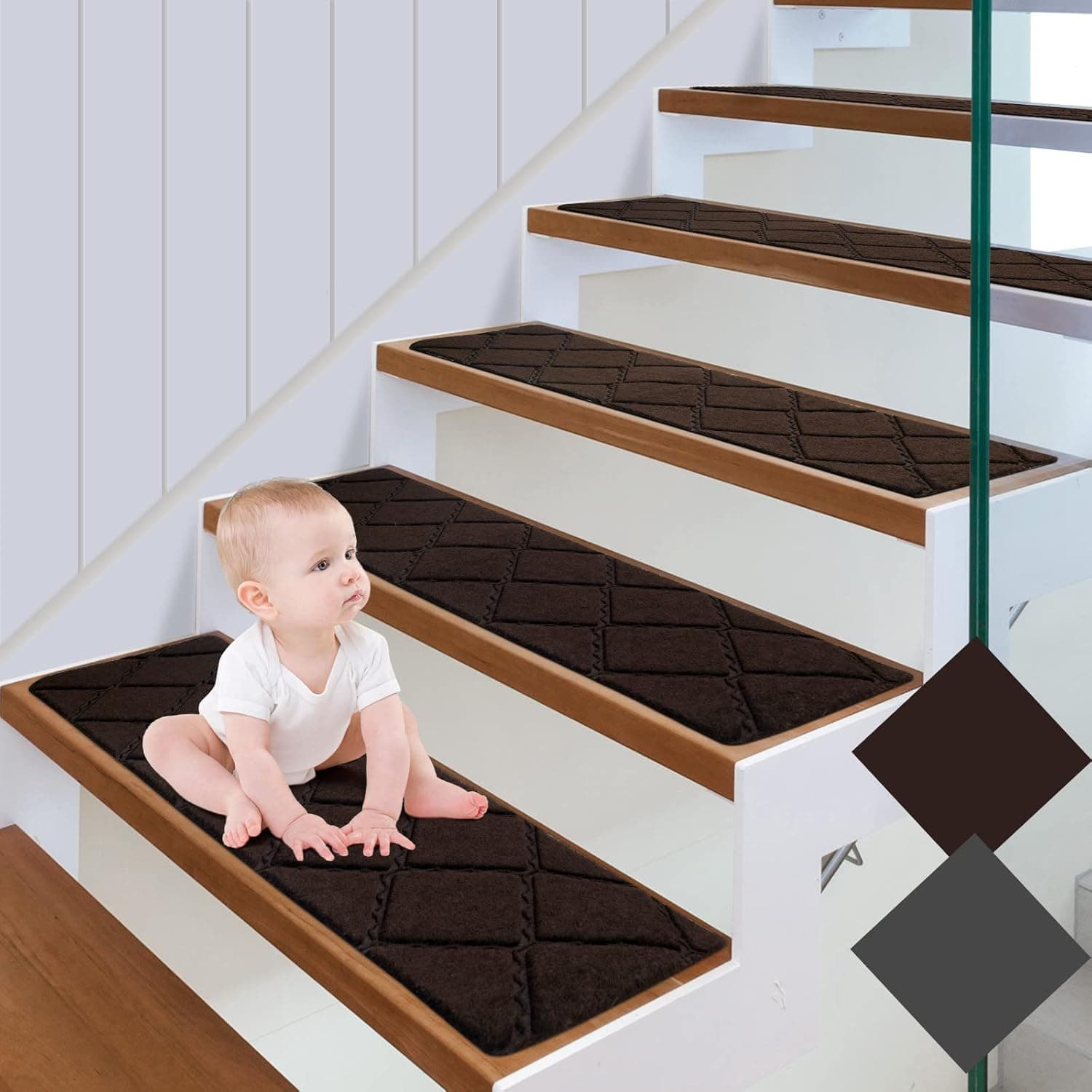 Non-Slip Carpet Stair Treads for Steps, 15pcs 8"x30" Indoor Stair Treads Carpet with Reusable Adhesive for Elders, Kids and Dogs, Brown