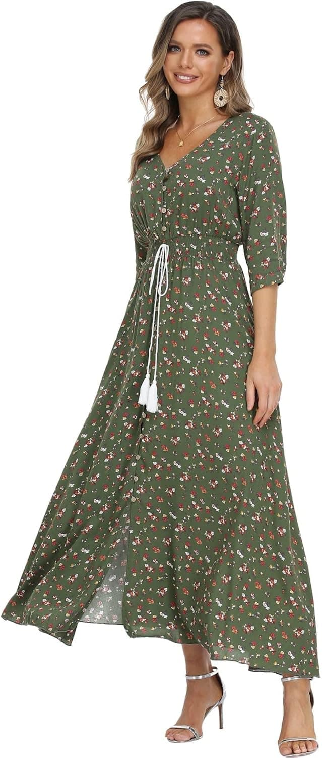 Summer Floral Print Maxi Dress Women Button Up Split Long Flowy Bohemian Beach Party Dresses