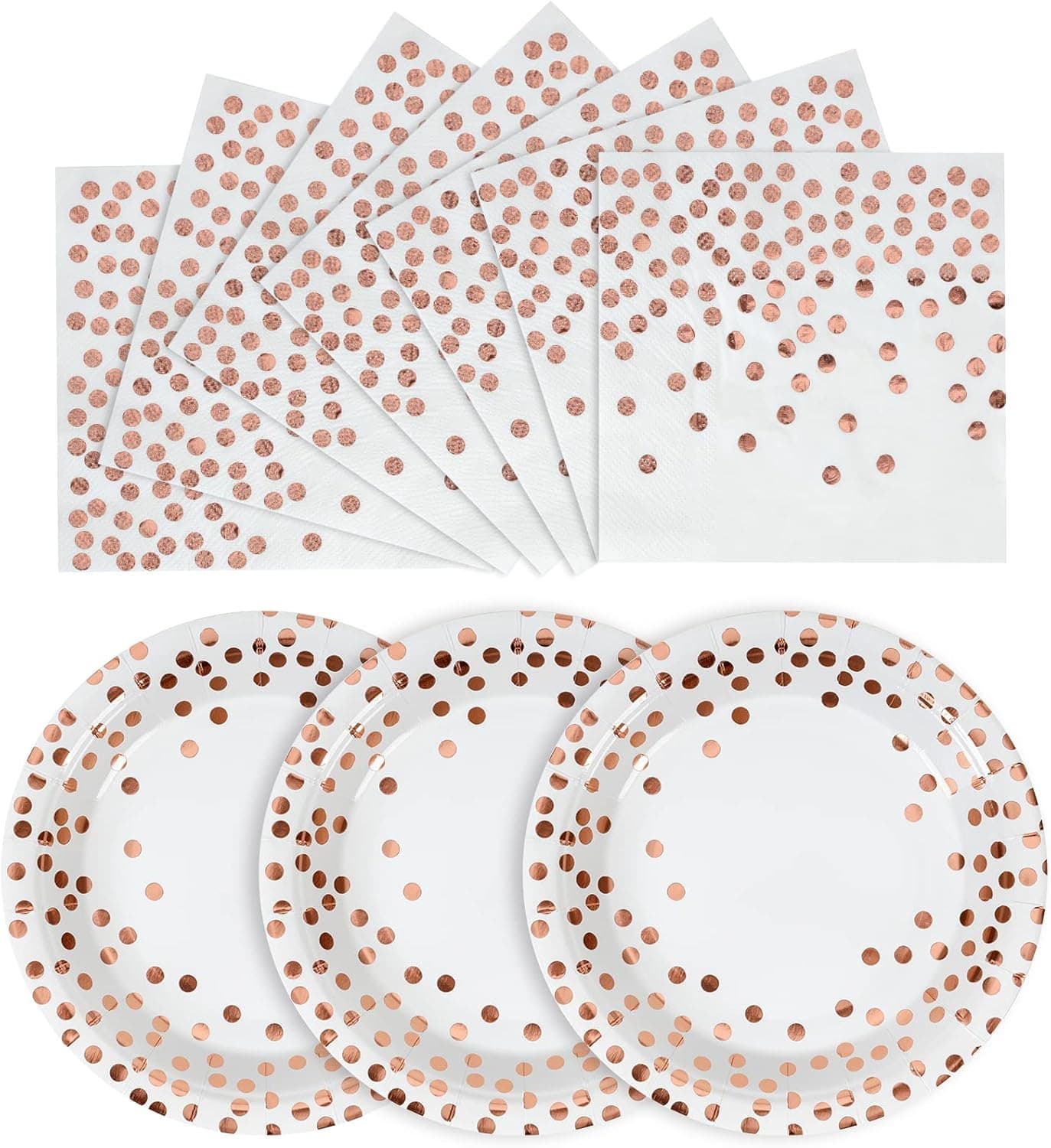 CENLBJ Disposable Paper Plates 100 Pack-White and Rose Gold Paper Plates 50x7& Rose Gold Dot Napkins 50x6.5,Paper Plates and Napkins Party Supplies for Weddings,Birthdays,Bridal Parties,All Occasions