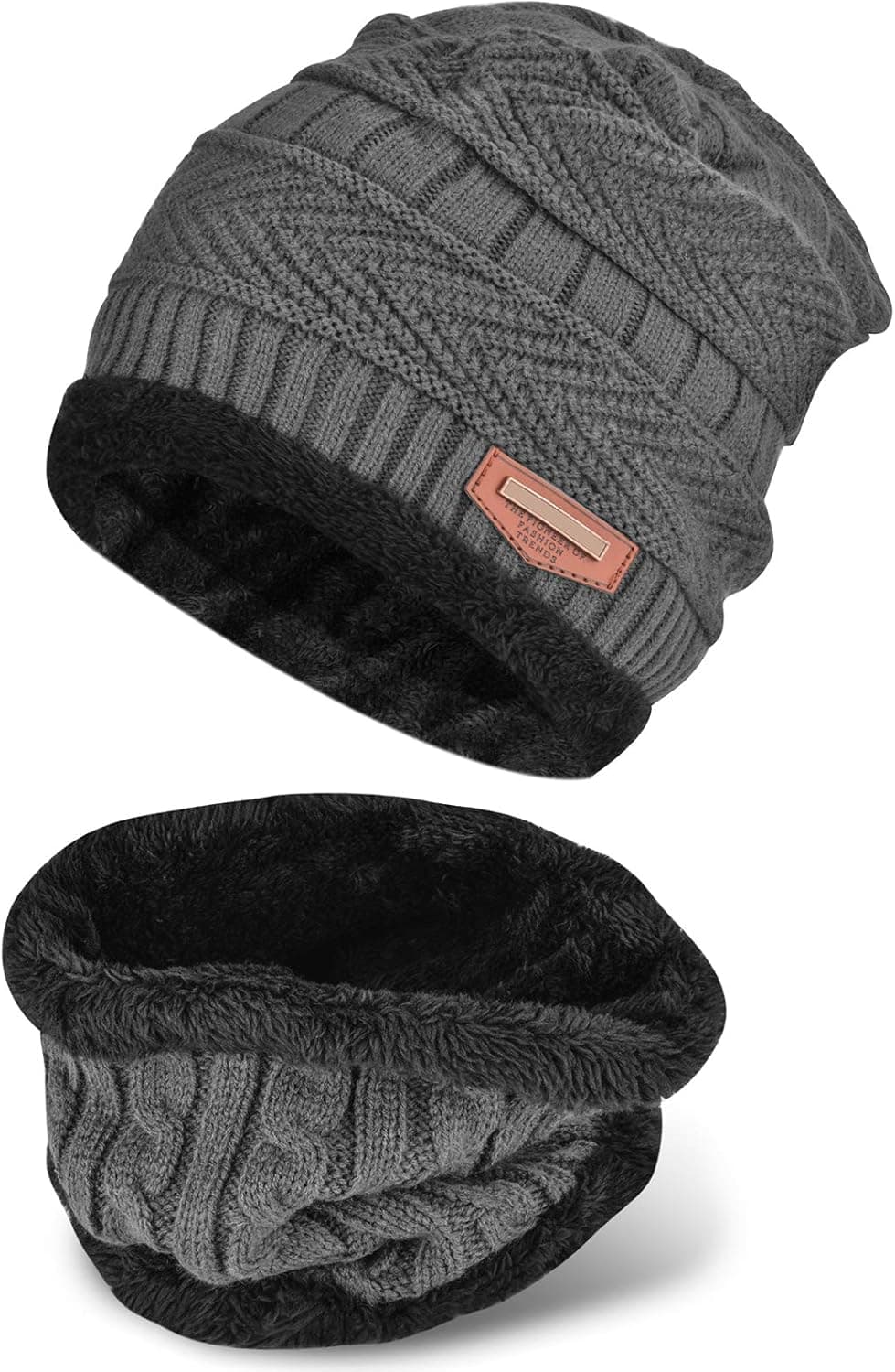 2-Pieces Winter Beanie Hat Scarf Set Warm Knit Hat Thick Fleece Lined Knit Skull Cap Scarves, Gifts for Men Women