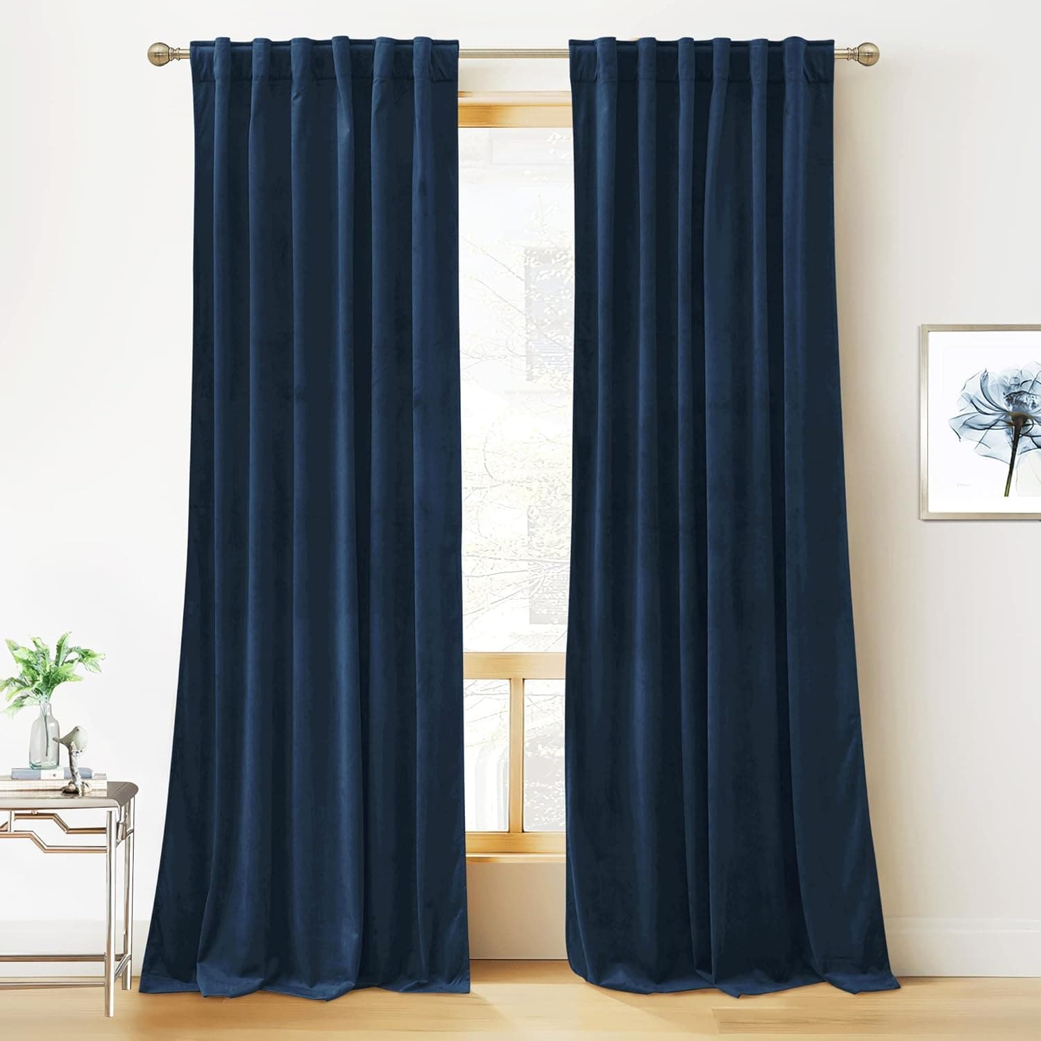 RYB HOME Blue Velvet Curtains 90 inches- Blackout Curtains for Living Room, Thermal Insulated Noise Reducing Panels Soft Luxury Window Decor for Kids Bedroom, Navy Blue, W52 x L90 inches, 2 Panels