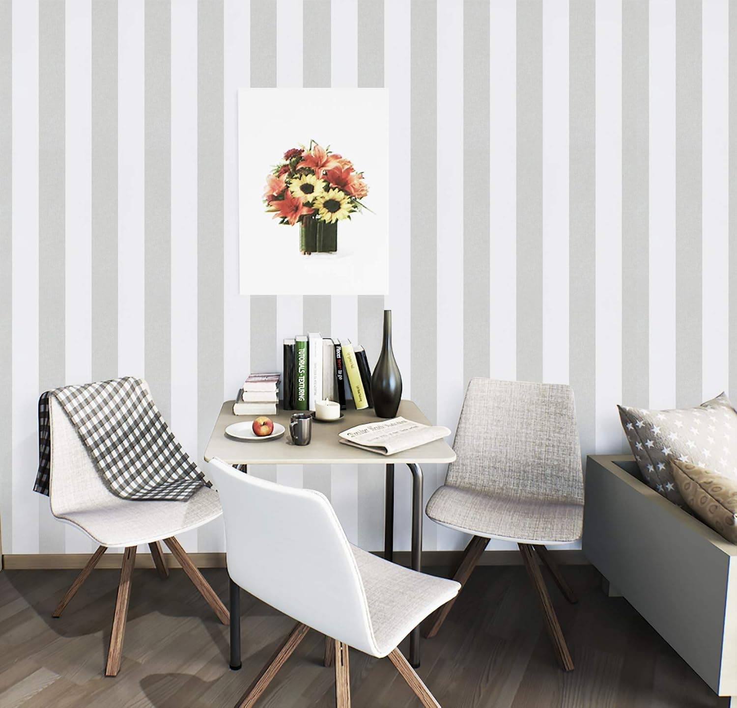 Guvana Silver Gray and White Contact Paper Stripe Peel and Stick Wallpaper Self-Adhesive Wallpaper 78.7"x17.7" Removable Waterproof Contact Paper Decorative Wall Cabinets Shelves Drawer Liner Covering