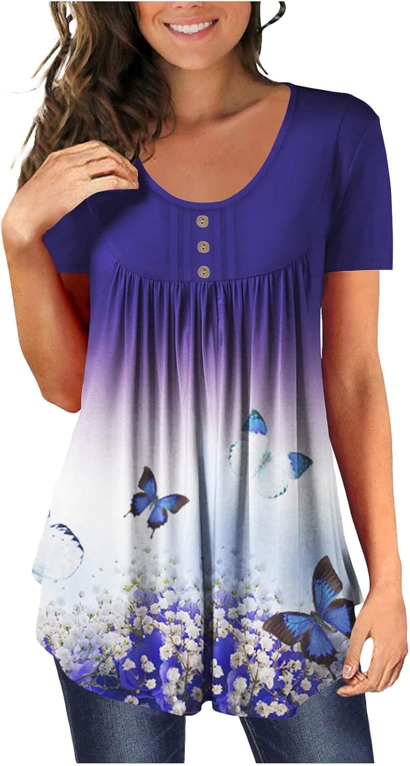 Women's Summer Floral Tunic T-Shirts for Leggings Fashion Casual Crewneck Buttons Blouses Loose Fit Pleated Short Sleeve Tops
