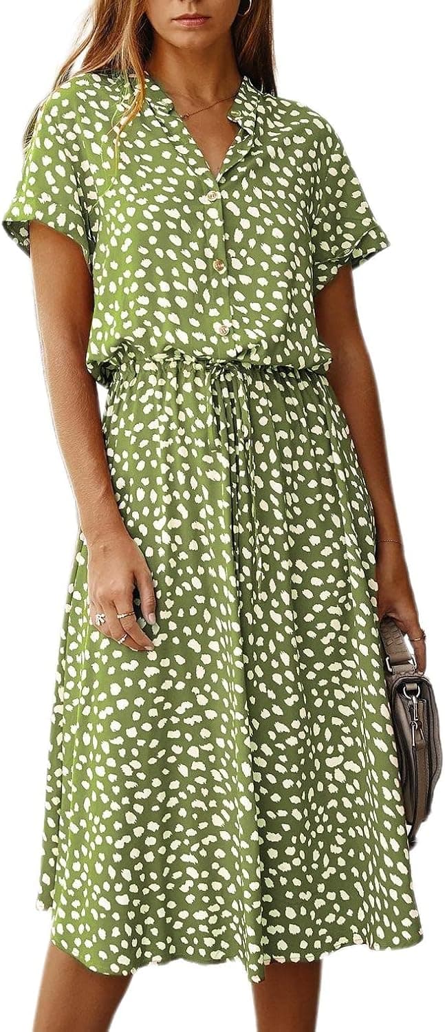 yoeasy Women's Polka Dot Button Short Sleeve Drawstring Midi Dress V Neck High Waist Flowy Dress
