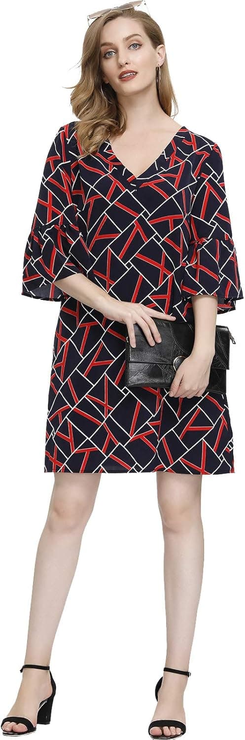 BUENOS NINOS Women's Floral Dress V Neck Half Length Bell Sleeve Causal Loose Shift Mini Tunic Dress with Pockets
