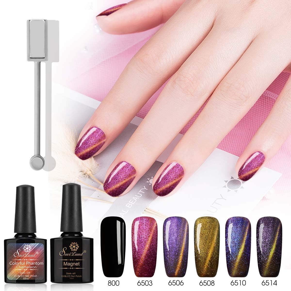 Chameleon Cat Eye Nail Polish Set, Saviland 6 Colors UV LED Manicure Soak Off Magnetic Gel Polish Nail Art Kit 10ml