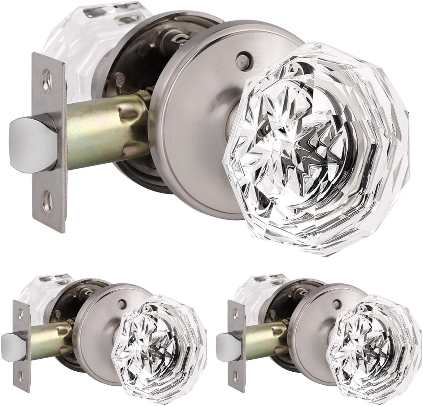 Knobonly 3 Pack Genuine Crystal Privacy Door Knobs for Bed/Bath, Interior Door Handles Satin Nickel Finish with Classic Rosette, Heavy Duty Modern Door Handles&Knob Sets-Diamond Shape