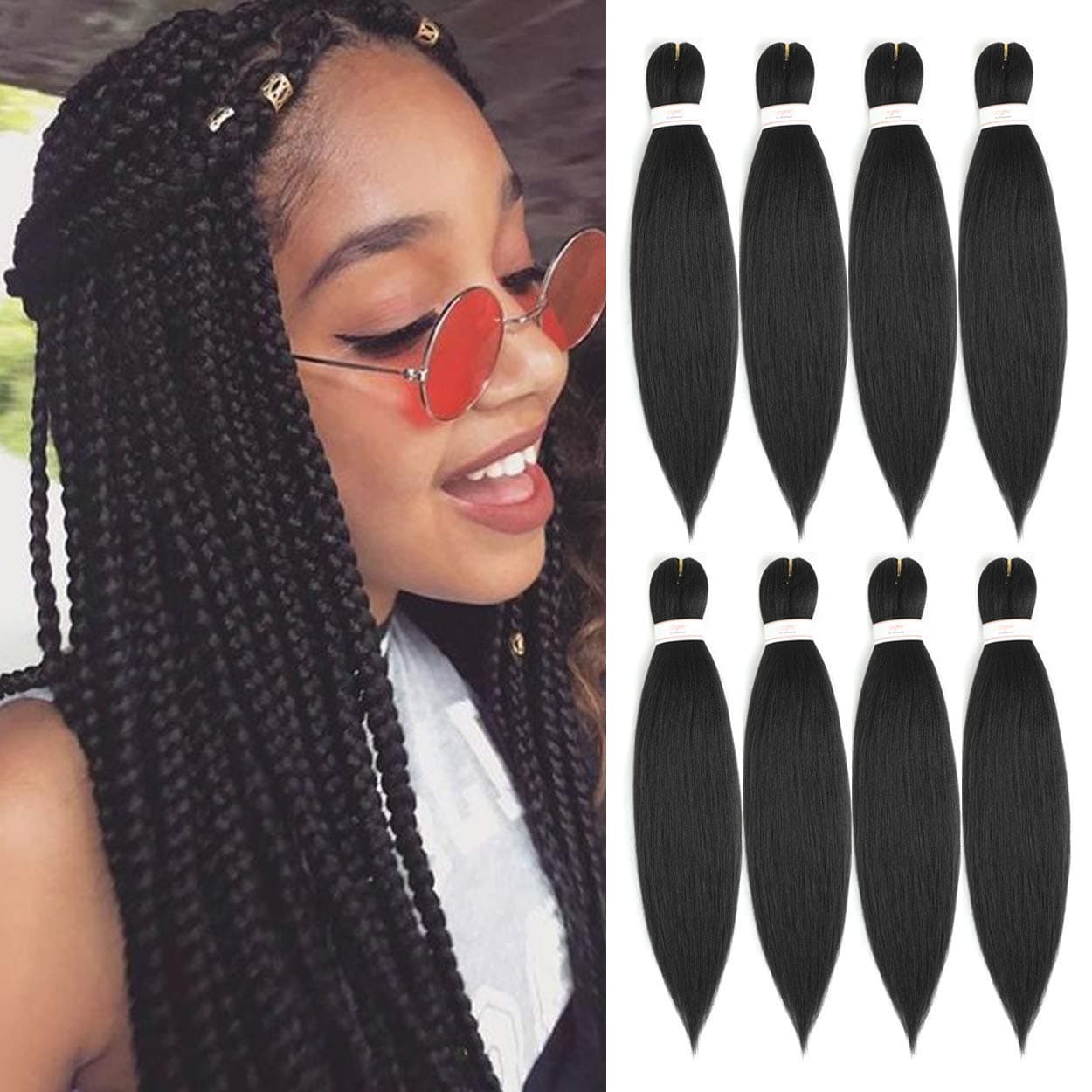 Braiding Hair Pre stretched 16inch 8packs Pre stretched Braiding Hair Kanekalon Crochet Braids Hair Yaki Braiding Hair Extension (16inch,8pcs, #1B)