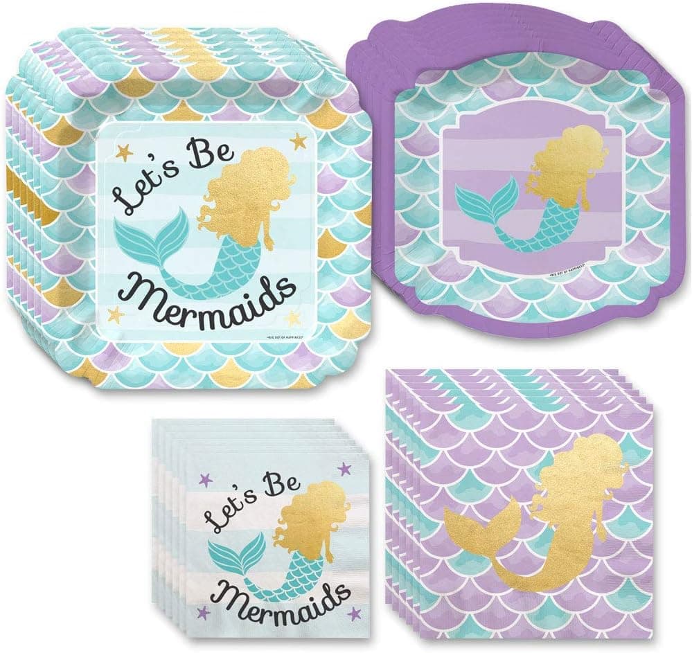 Big Dot of Happiness 64 Piece Let's Be Mermaids with Gold Foil - Baby Shower or Birthday Party Tableware Plates and Napkins - Bundle for 16
