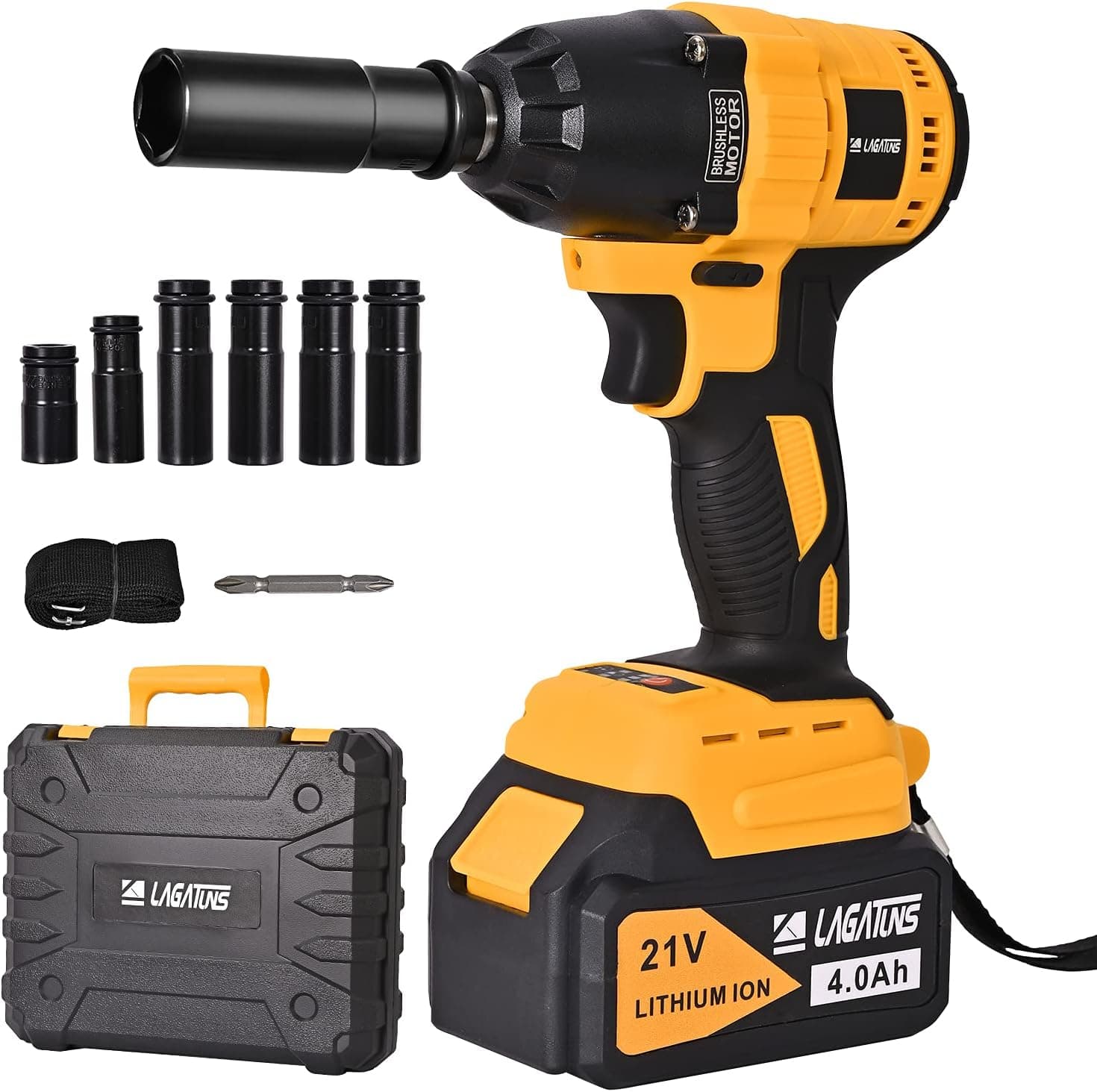 Cordless Impact Wrench,1/2 connector 210 Ft-lb Torque 2800 RPM,with a 21V 4.0Ah Li-Ion Battery, Fast Charger,6 Sockets, Suitable for family use