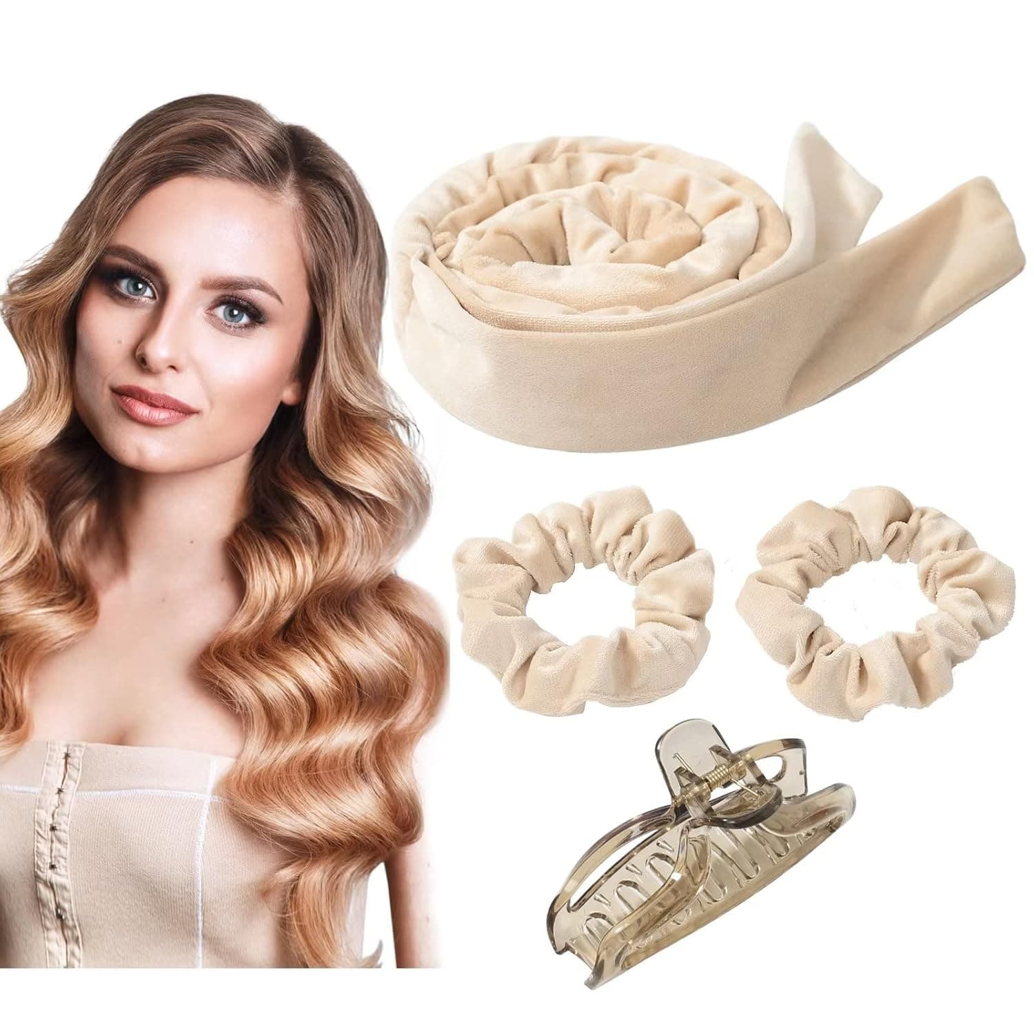 Heatless Hair Curler No Heat Curling Rod Headband Set for Long Hair Velour Curling Ribbon with Hair Clips Soft Sleep in Overnight Curlers for Women Girls