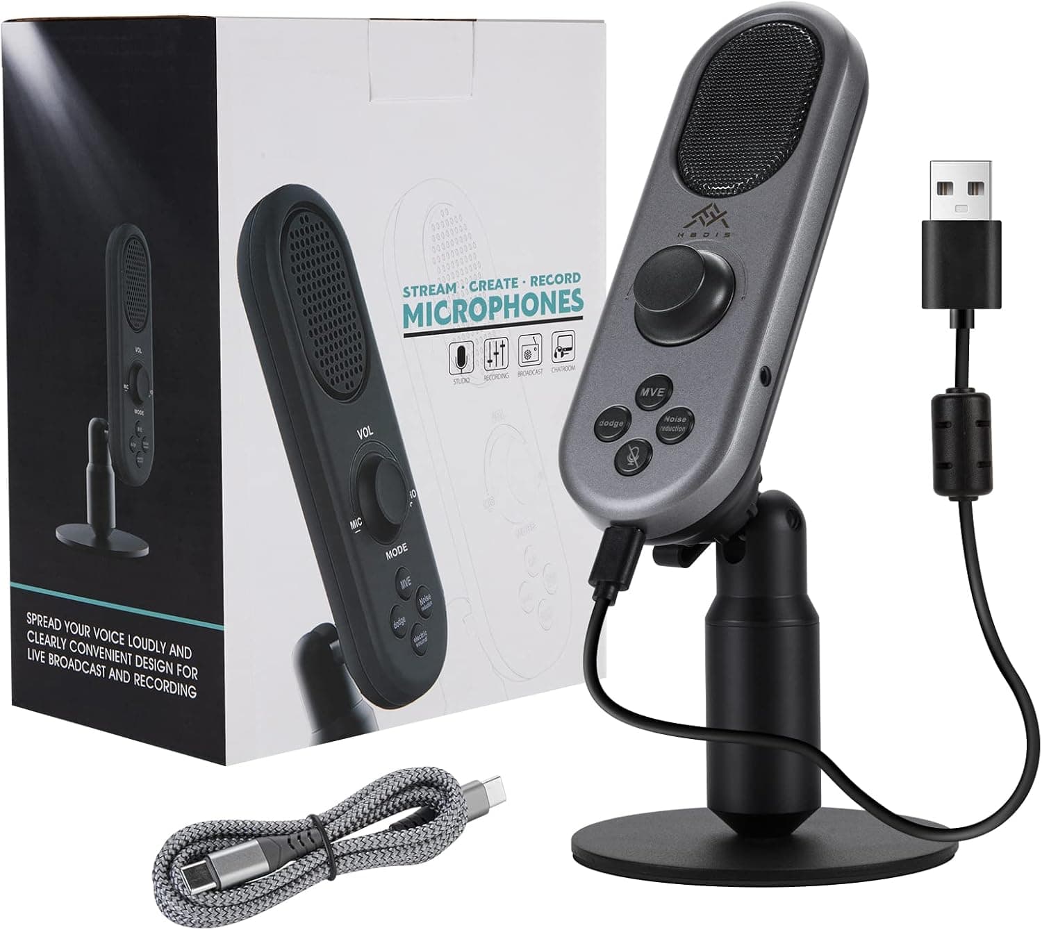 USB Microphone, HaDIS USB C Microphone Computer Condenser Gaming Mic for PC/Laptop/Phone, Volume Control, Headphone Output, Noise Reduction Mode for Vocal, Studio Recording, Podcast