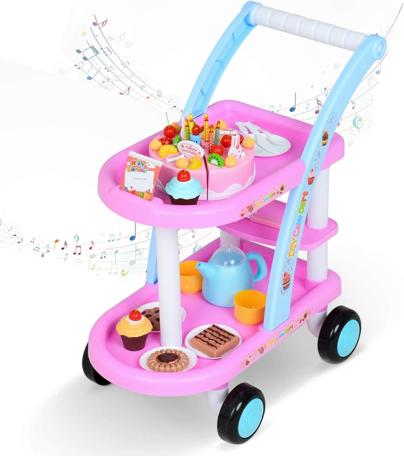 Uenjoy Play Birthday Cake Pretend Play Food Sets for Kids, Candles Fruit Dessert with Music & Light for Boy and Girls, 56-pc Accessories