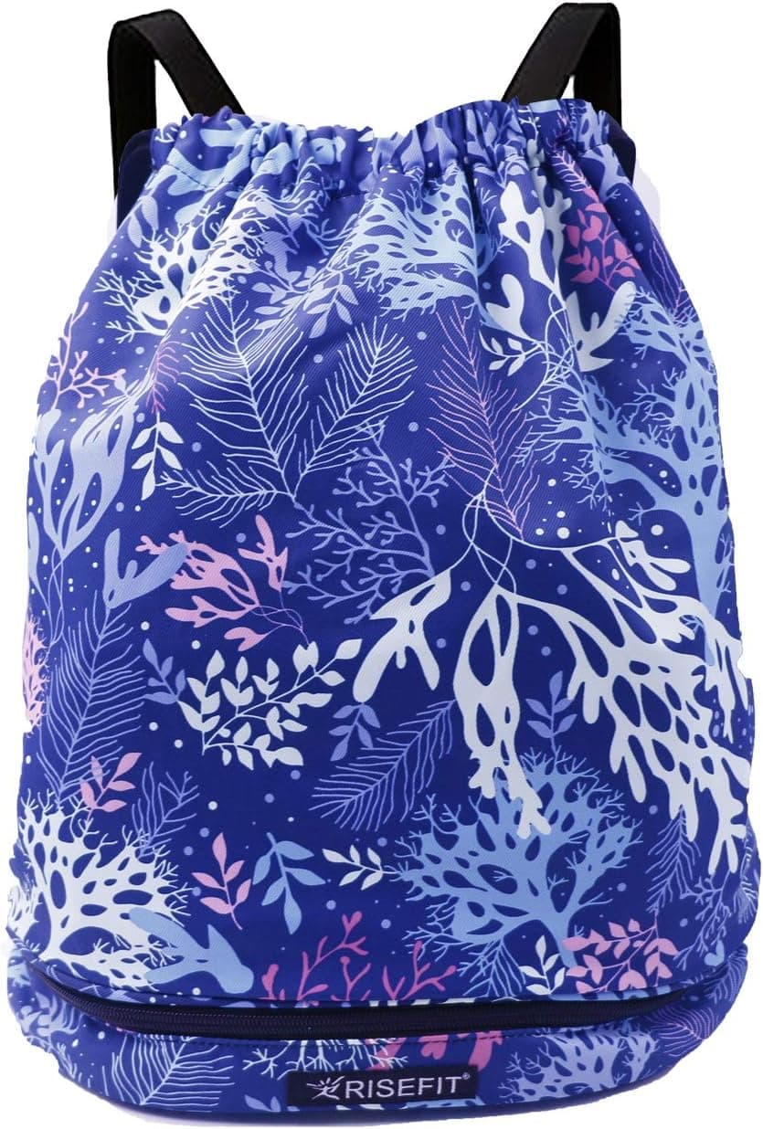 Drawstring Sports Backpack Lightweight Swimming Sackpack Casual Outdoor Daypack for Hiking Yoga Gym Travel Beach (Blue bottom coral)