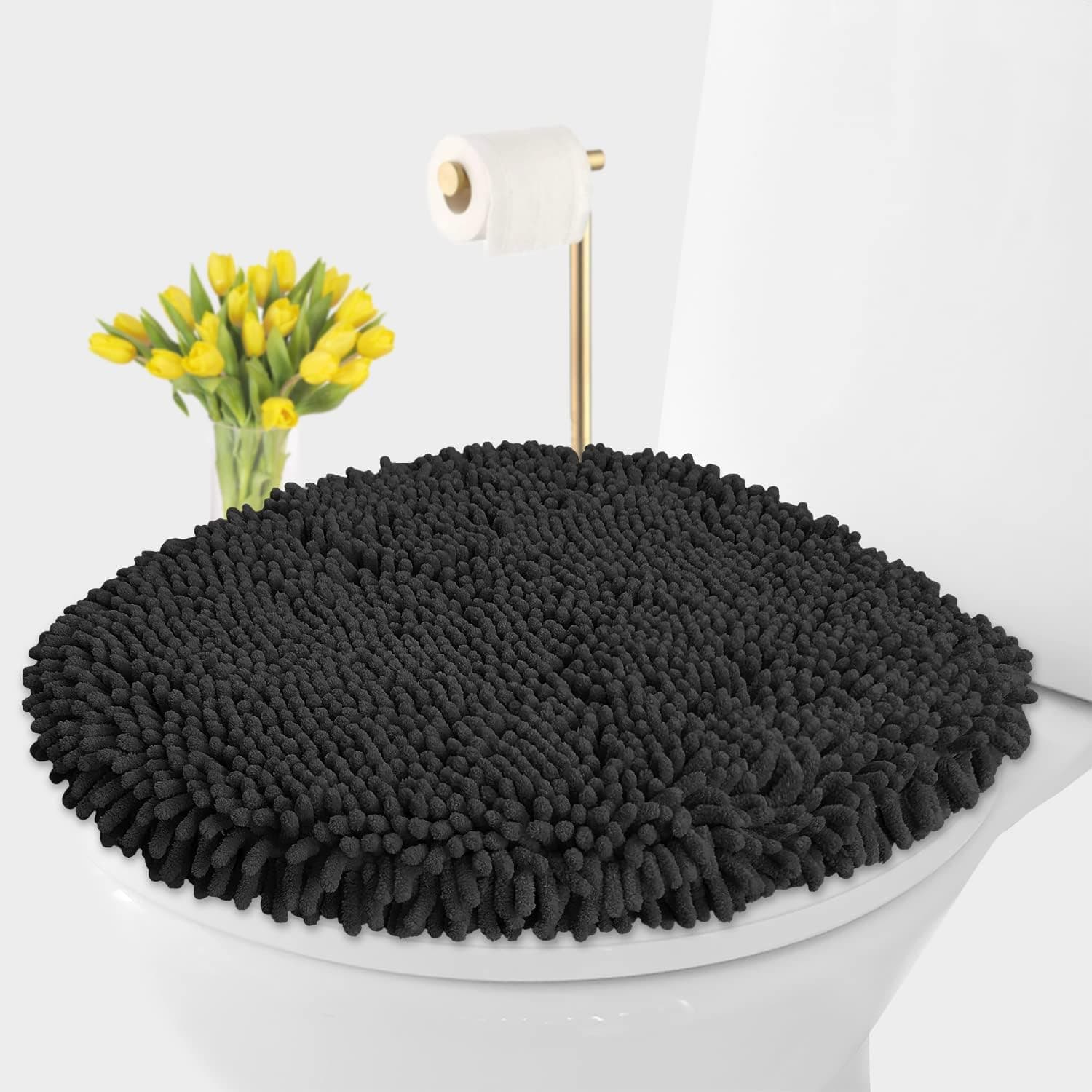 LuxUrux Toilet Lid Cover, Extra-Soft Plush Seat Cloud Washable Shaggy Microfiber Standard Toilet Lid Covers for Bathroom Machine Wash & Dry. (18 x 18'', Black)