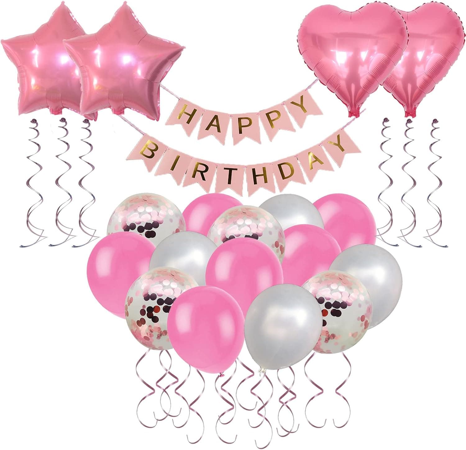 Pink Birthday Party Decorations,Happy Birthday Banners with Party Decorations Balloon,Heart Star Foil Balloons,Hanging Swirls for Women Girls Birthday Party (Pink)