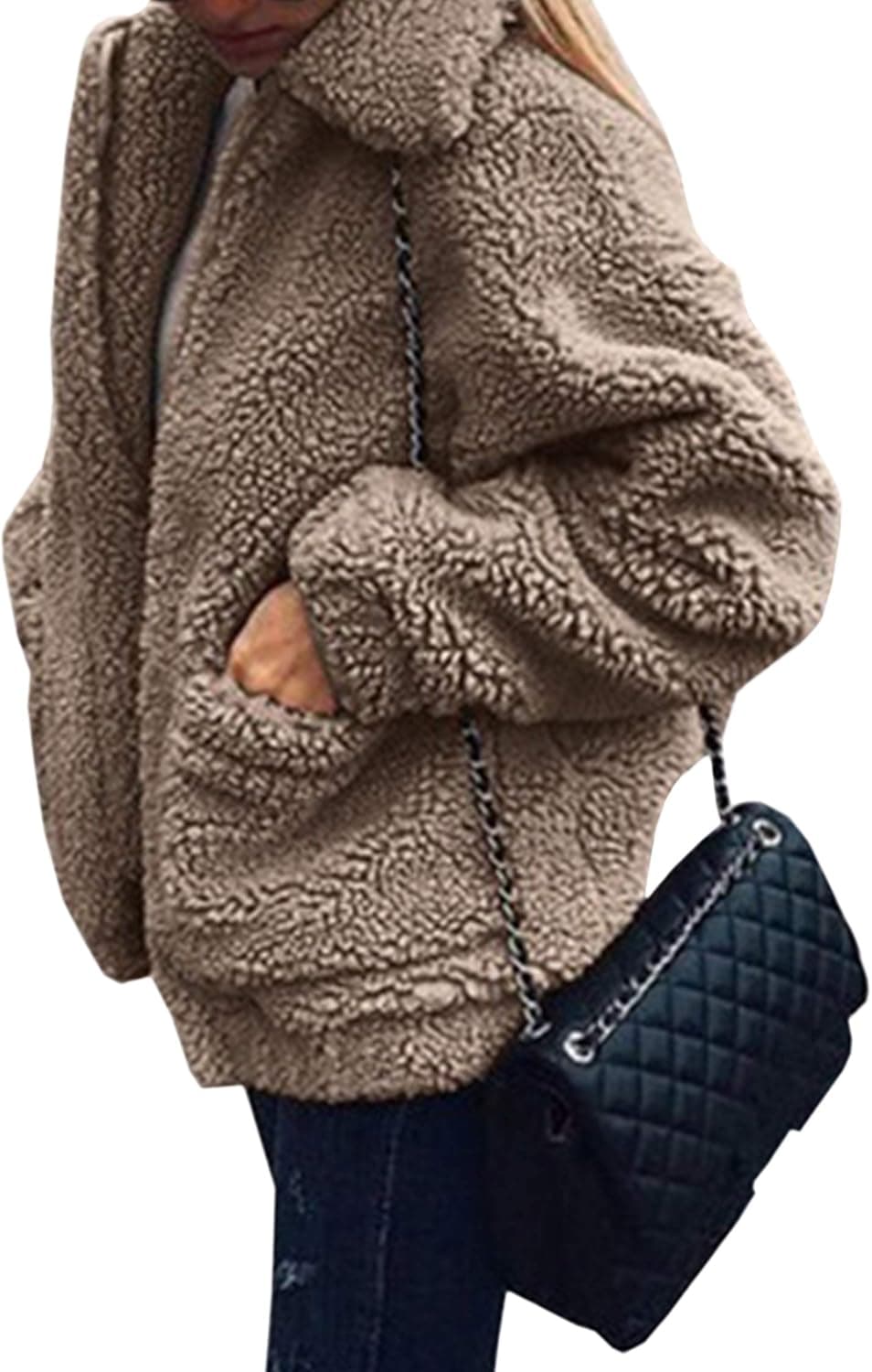 ECOWISH Women's Coat Fleece Jacket Sherpa Fuzzy Faux Shearling Lapel Zipper Casual Winter Warm Oversized Outwear