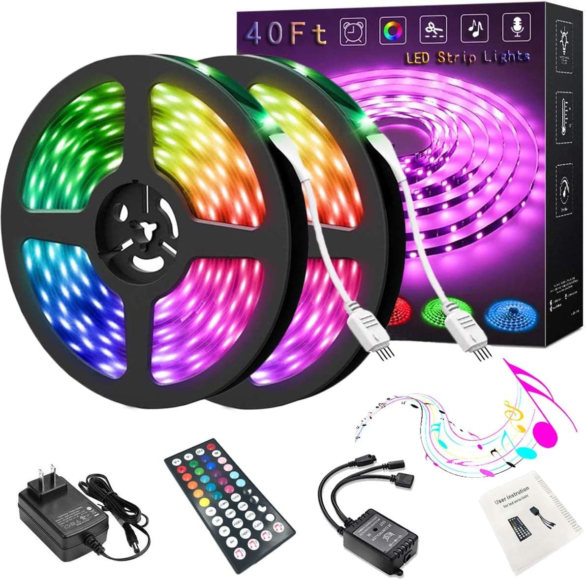 ROOFENG 40ft LED Strip Lights for Bedroom, 12m LED Strip Lights, Music Sync Color Changing LED Light Strips (44 Key IR Remote + Sensitive Built-in Mic + Music Sync)