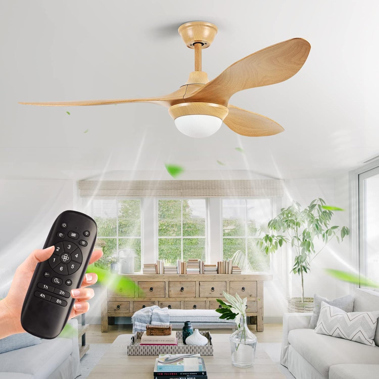 52” Modern Ceiling Fans with Lights Remote Control Indoor Outdoor LED Ceiling Fan for Farmhouse Bedroom and Kitchen (Wood)