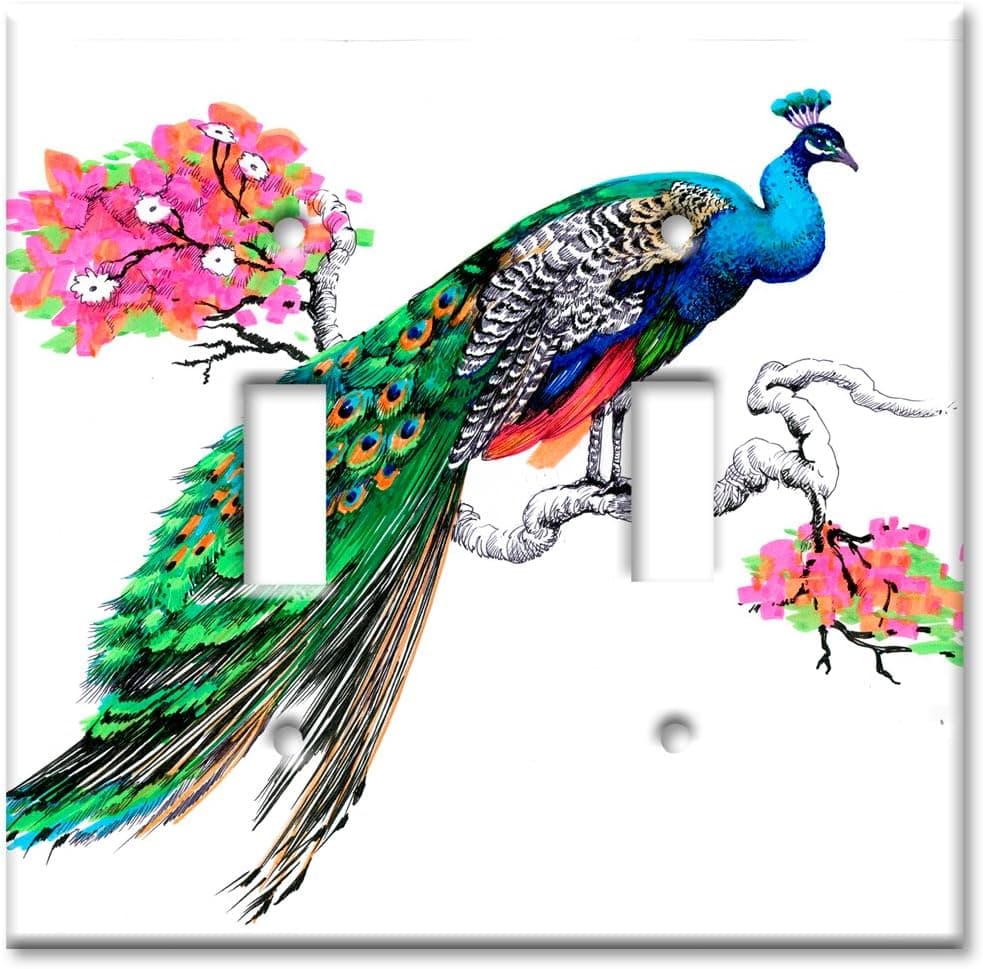 Art Plates Brand Double Toggle Switch / Wall Plate - Colorful Peacock