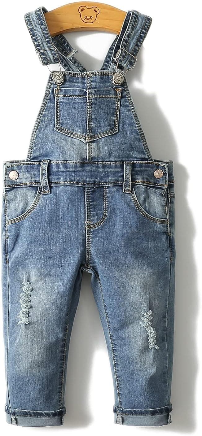 KIDSCOOL SPACE Little Girl Boy Jean Overalls,Toddler Ripped Denim Cute Slim Pants