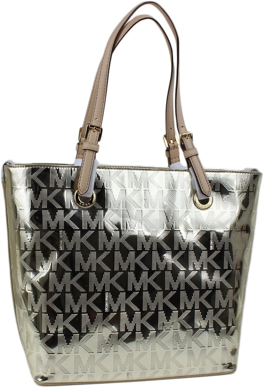 Michael Kors Logo Mirror Metallic Grab Bag Shoulder Tote Handbag Purse Pale Gold