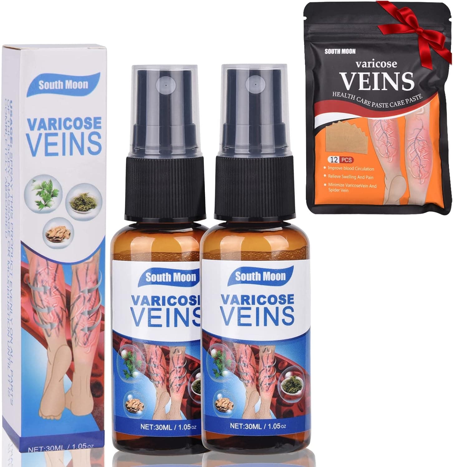 Paisveix 2pcs Varicose Veins Treatment Spray for Legs , 12 Pieces VeinHealing Varicose Veins Patch,Natural Varicose & Spider Veins Treatment, Strengthen Capillary Health, Improve Blood 2x30ml