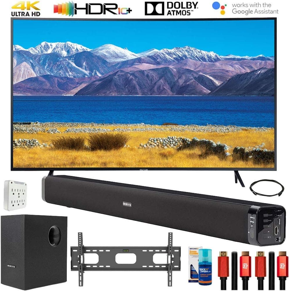 SAMSUNG UN65TU8300 65" HDR 4K UHD Smart Curved TV Bundle with Deco Gear Home Theater Soundbar with Subwoofer and Complete Wall Mount Setup and Accessory Kit