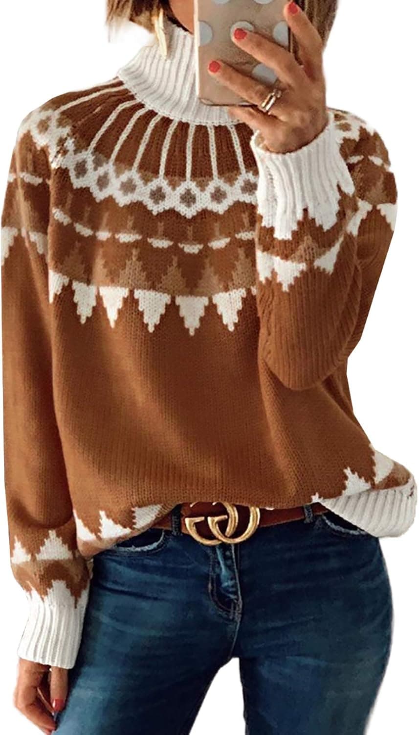 Dokotoo Womens Fashion Turtleneck Pullover Sweaters Fall Print Knitted Sweaters Long Sleeve Casual Loose Jumper Sweater Apricot Large