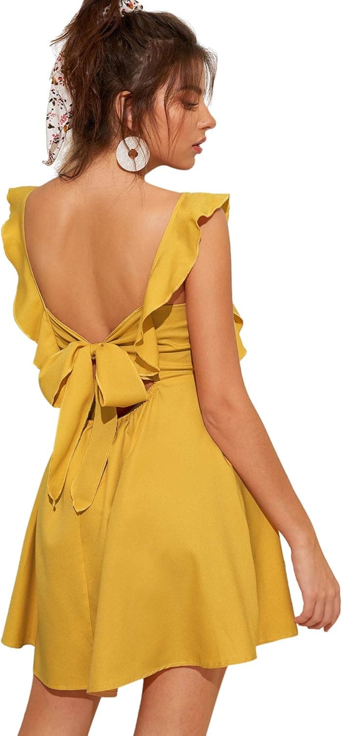 Romwe Women's Cute Tie Back Ruffle Strap A Line Fit and Flare Flowy Short Dress