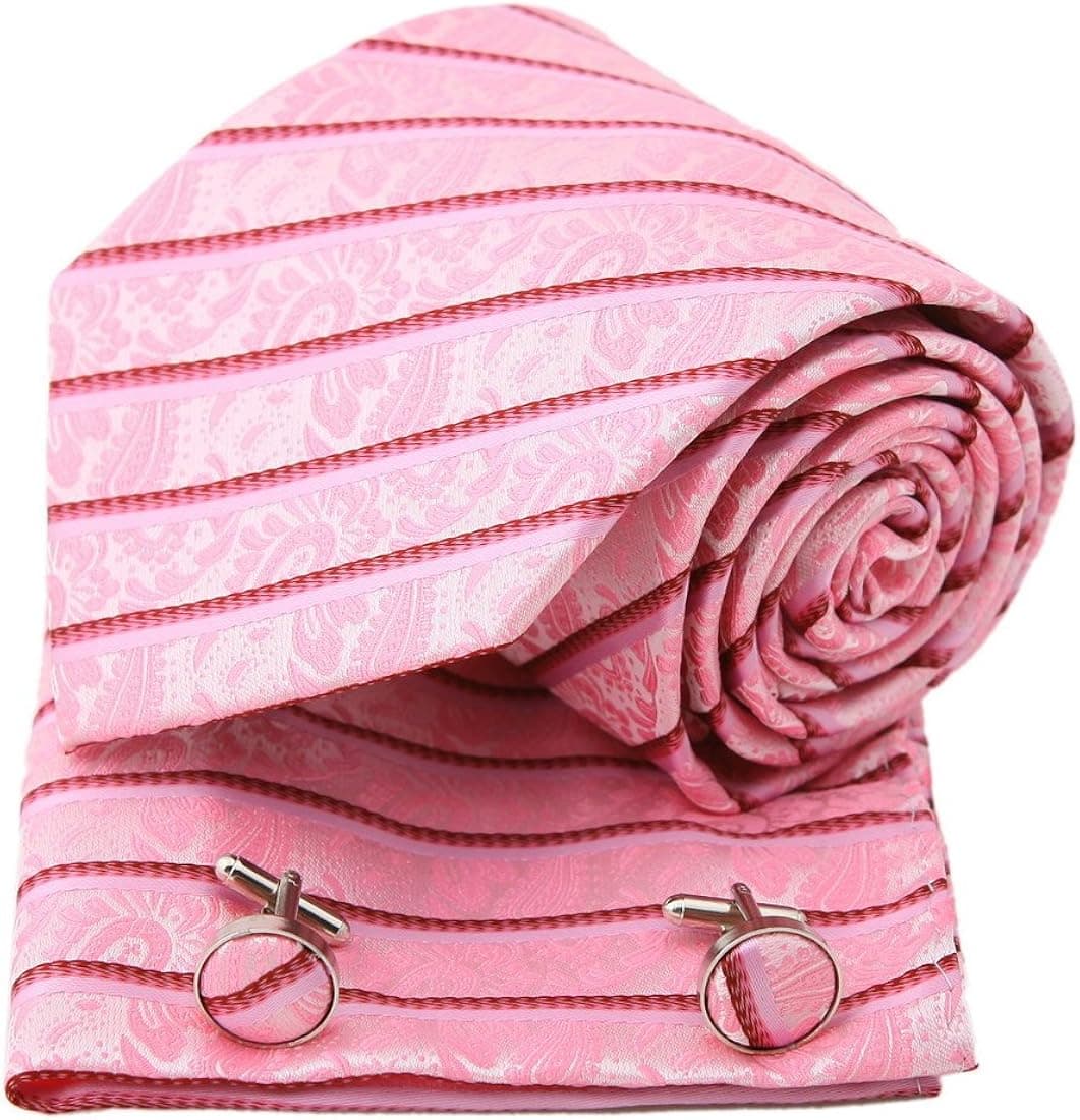 Pink Patterned Woven Silk Neckie Hanky Cufflinks Gift Box Set hot pink Thanksgiving Day gift Pointe Tie PH1113 One Size Hot Pink