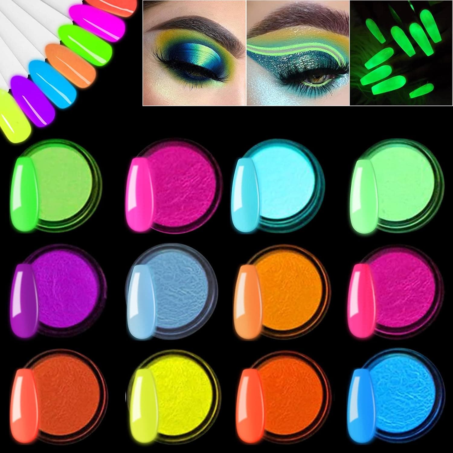 12 Boxes Luminous Pigment Nail Powder, Kalolary Neon Color Nail Powder Pigment Eyeshadow Powder UV Glow Fluorescent Matte Colorant Glow in The Dark Makeup
