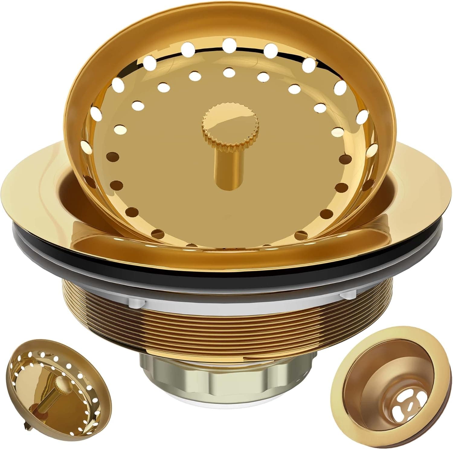 EXAKEY Kitchen Sink Drain Strainer - Gold Sink Drain Assembly 3-1/2 Inch with Fixed Post, Kitchen Drain with Strainer Basket and Drain Stopper for Standard Kitchen Sink Stainless Steel Glossy Golden