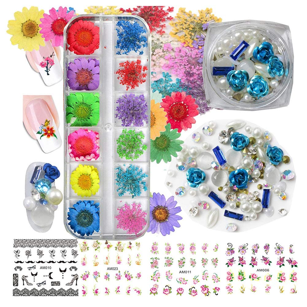 Nail Dried Flowers, 3D Rhinestones Nail Art Decorations Kits, Pearl Crystals Pressed Dry Daisy Flower Nail Jewelry Accessories, Floral Stickers Decals for Nail Design, Craft, Makeup (Decoration Kit B)