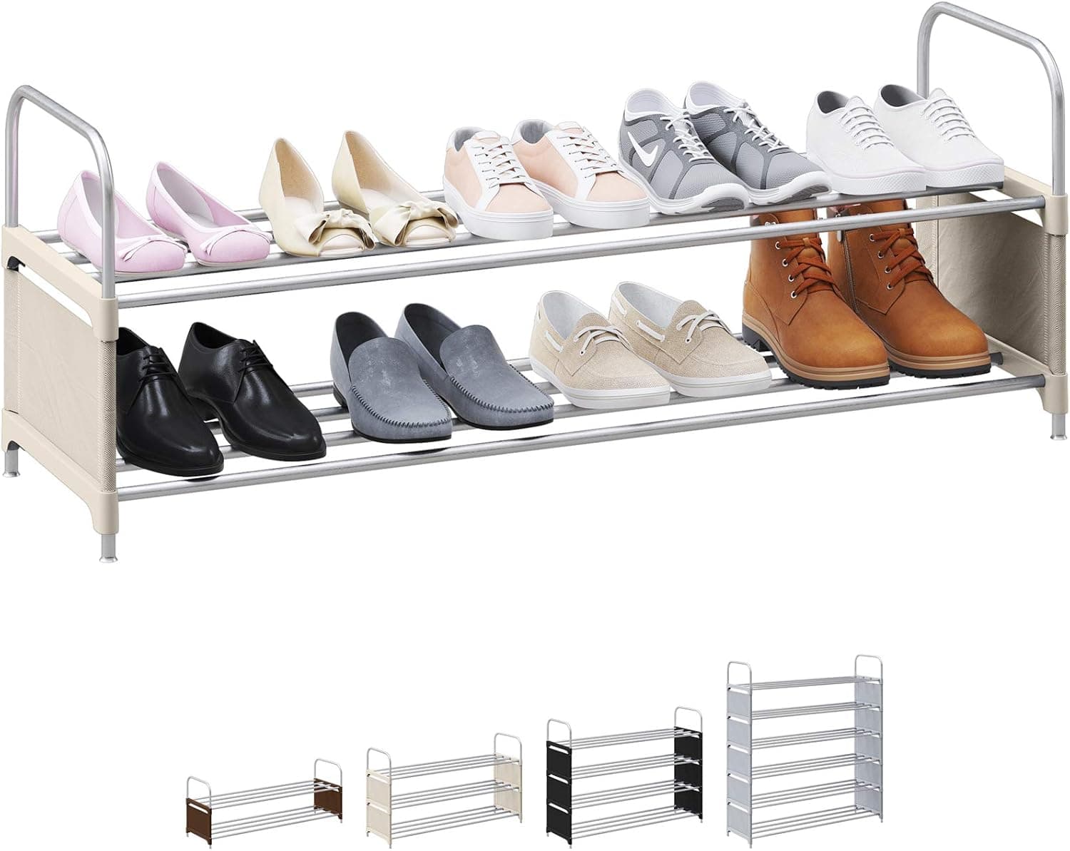 NEATERIZE 2 Tier Wide Shoe Rack | Stackable, Metal, Closet Shoe Organizer | Shoe Shelf Cabinet | Organizador De Zapatos | Shoe Rack for Closets, Entryway, Living Room and Bedroom (Beige)
