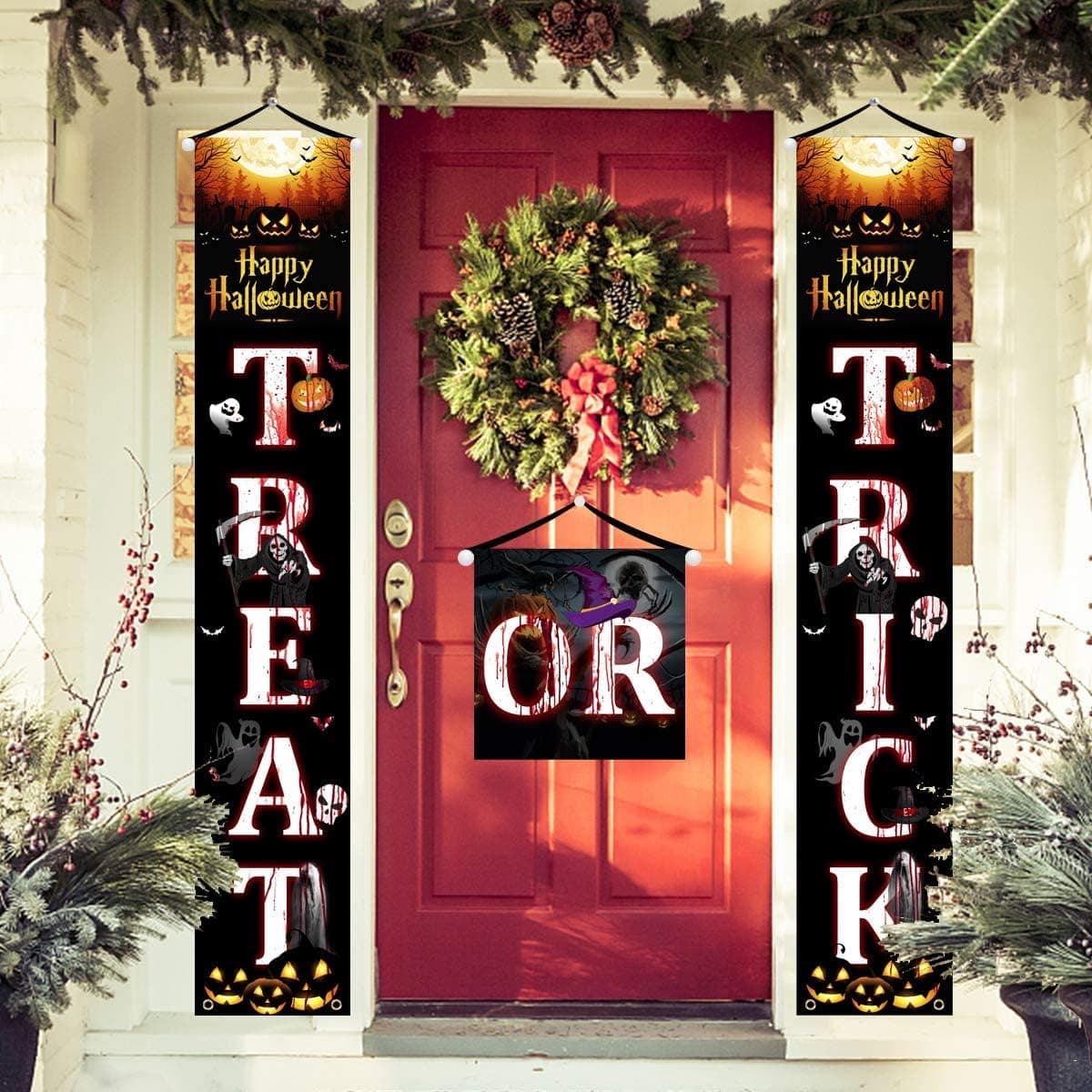 Outdoor Halloween Decorations Decor YSBER Trick or Treat Banner Hanging Halloween Porch Decorations for Halloween Welcome Signs